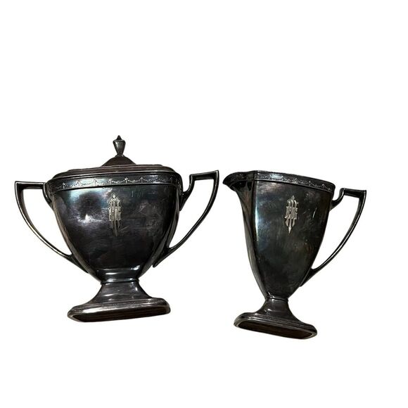 READ Rogers Bros Cream And Sugar Set 1847 Silver plate Monogrammed - Picture 1 of 14